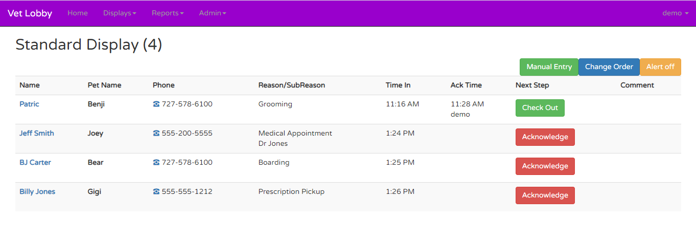 The standard display show customers as they sign in with Vet Lobby. Staff can acknowledge, send text messages and checkout customers.